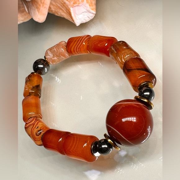 STRIPED AGATE + HAEMACHATES NATURAL STONES BRACELET size 7” - Picture 4 of 12